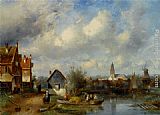 Charles Henri Joseph Leickert Canvas Paintings - Figures on a Barge Near a Winterside Village